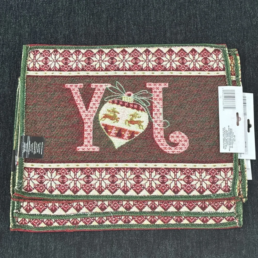 NWT- Set of 4- Cream- Red & Green JOY Ornament Holiday Tapestry Placemats 13x18